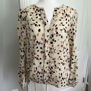 Neutral Terrazzo Pattern Blouse, V Neck Lantern Sleeve, Perfect For Work Size S
